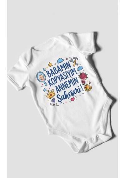 Morivokids Babamın Kopyasıyım Annemin Şaheseri Kısa Kollu Bebek Body %100 Pamuk Beyaz