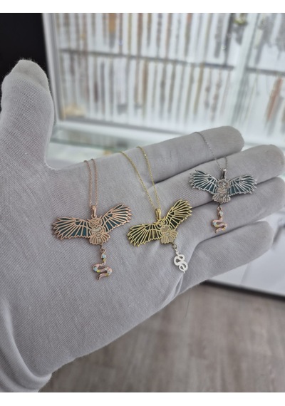 925 Ayar Papatya Silver 3'lü Yılan Figürlü Baykuş Kolye Set.tabiat Kolye.rose.gold.rodaj Gümüş