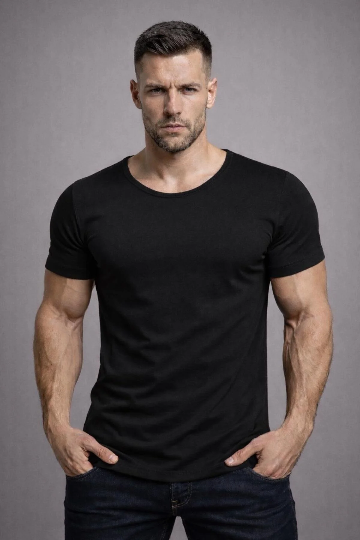 Erkek Siyah Oval Etek Normal Geniş Yaka Pamuklu Slim Fit Kısa Kollu Tişört T-shirt Siyah