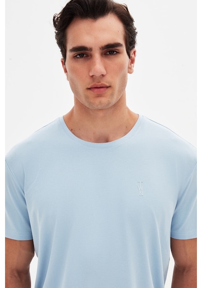 Twn Slim Fit Açık Mavi Düz Kabartma Baskılı T-shirt 4ec148551753m Açik Mavi