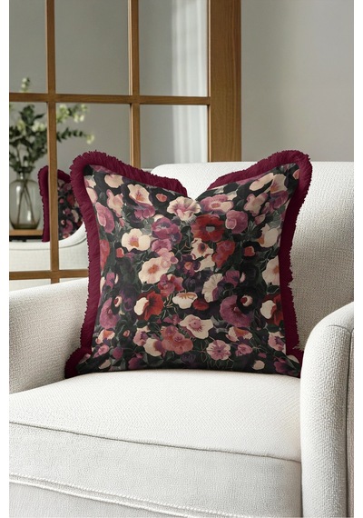 Çiçekli Bahar Tasarımlı Saçaklı Yastık Kılıfı - Romantik Floral Siyah Bordo Püsküllü Kırlent Kılıfı Puslu Düş Mira Çiçekli Bahar Tasarımlı Saçaklı Yastık Kılıfı - Romantik Floral Siyah Bordo Püsküllü Kırlent Kılıfı Puslu Düş Mira