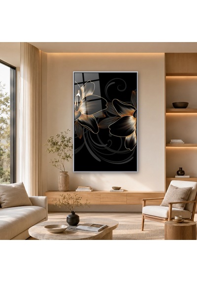 Siyah Fonda Altın Hatlı Zambaklar Gümüş Çerçeveli Cam Tablo