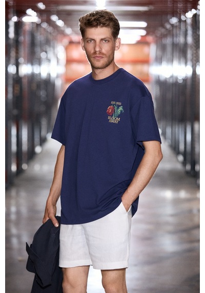 Grımelange Exotıc Erkek %100 Organik Pamuklu Baskı Detaylı Rahat Kalıp Lacivert T-shirt