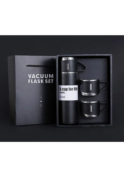 Paslanmaz Çelik Vacuum Termos 3 Bardaklı Siyah 500ml Termos Seti Siyah