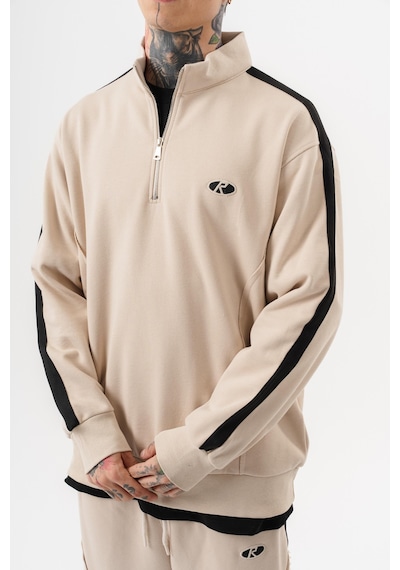 Respire Erkek Pis Dikiş Detaylı Yarım Fermuarlı Diagonel Sweatshirt Bej