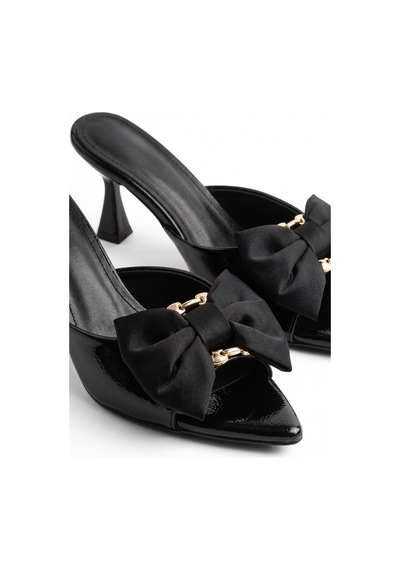 V.s.h Velvet Kadın Fiyonklu 8 Cm Siyah Topuklu Terlik / Siloy-2467