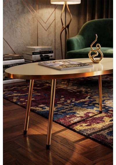 Gold Metal Oval Orta Sehpa Krem