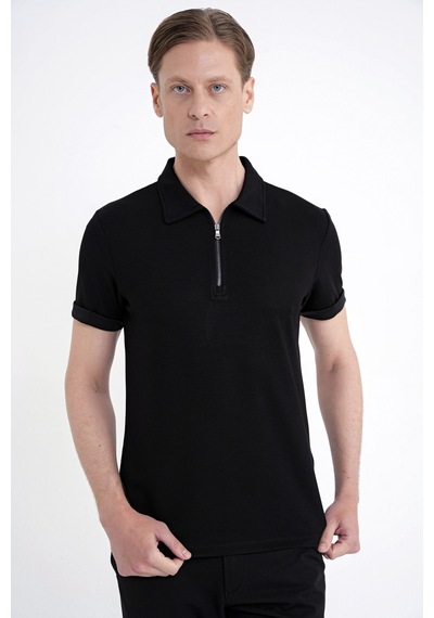 Efor Slim Fit Esnek Pamuklu Fermuarlı Siyah Polo Yaka Tişört Ts 926