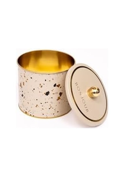 Evle-terrazo Desenli Yuvarlak Metal Saklama Kabı, Erzak Saklama Kabı - Organizer Kutu 14 Cm X 12,5 Cm Terrazzo Cream