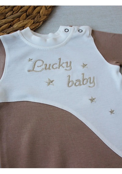 Veraura Lifestyle 0-3 3-6 Ay Lucky Baby Nakışlı Es Çizgi Boy Şapkalı Erkek Bebek Tulumu Kahverengi