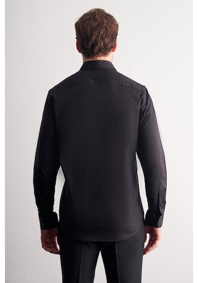 İmza Siyah Yarım İtalyan Yaka Uzun Kol Slim Fit Pamuklu Gömlek 1004255189 Siyah