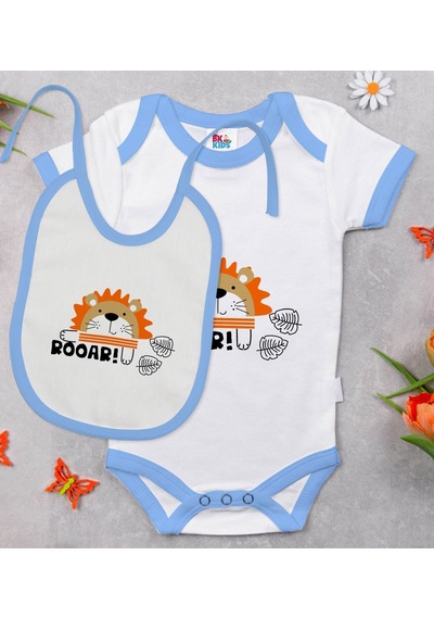 Bk Kids Roar Tasarımlı Mavi Bebek Body Zıbın Ve Mama Önlüğü Hediy Çok Renkli
