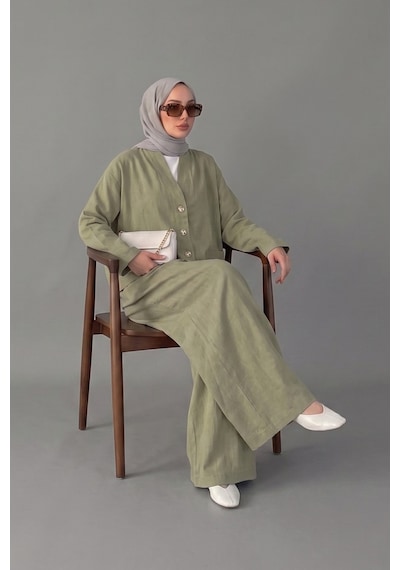Norshen Kruvaze Kesim Düğmeli Bluz & Etek Görünümlü Geniş Paça Pantolon - Keten Takım Haki