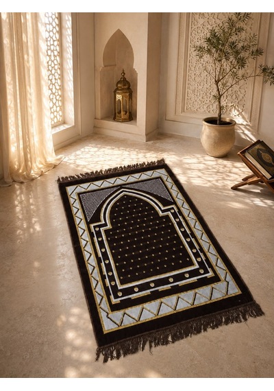 Lüks Dotya Kadife Seccade Kalın Yumuşak Dokulu Hediyelik Namaz Seccadesi Kahverengi Çok Renkli