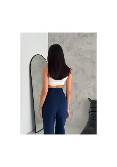 Gugus Kadın Beli Tokalı Bermuda/kapri Kumaş Pantolon Bol Paça Lacivert