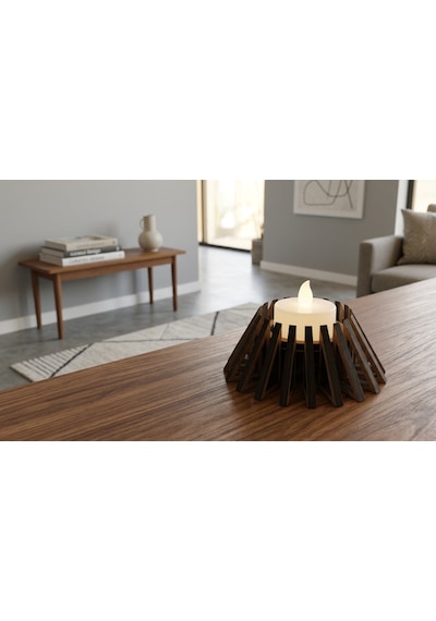 Piramit Tealight Mumluk Ahşap Mumluk + Led Pilli Mum 1 Adet Ham Mdf