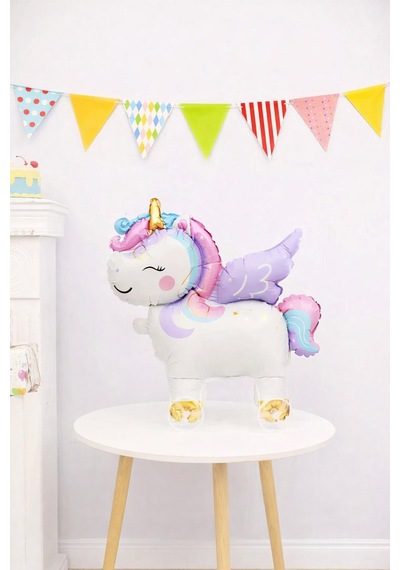 Unicorn Temalı Folyo Yürüyen Balon Tekerlekli Sevimli Unicorn Balon 54x48,5 Cm Renkli