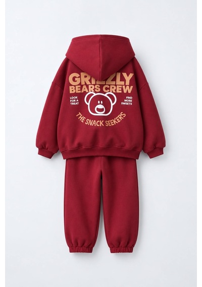 Magu Çocuk Ayıcık Baskılı Bordo Kapüşonlu Sweatshirt Ve Eşofman Altı Takımı Çok Renkli