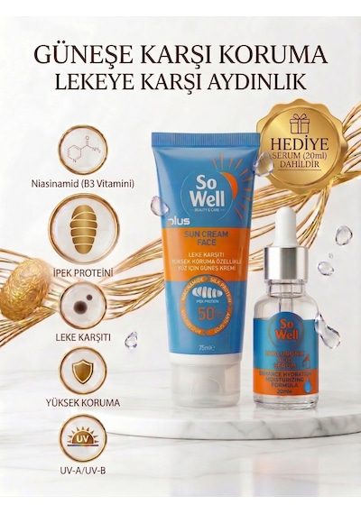 Sowell Leke Karşıtı Nemlendirici Yüz Güneş Kremi SPF50+ 75 ML + Hyaluronic Acid Serum 20 ML