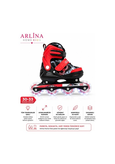4 Teker Led Işıklı Ayarlana Bilir Glow Paten Kırmızı 30-33