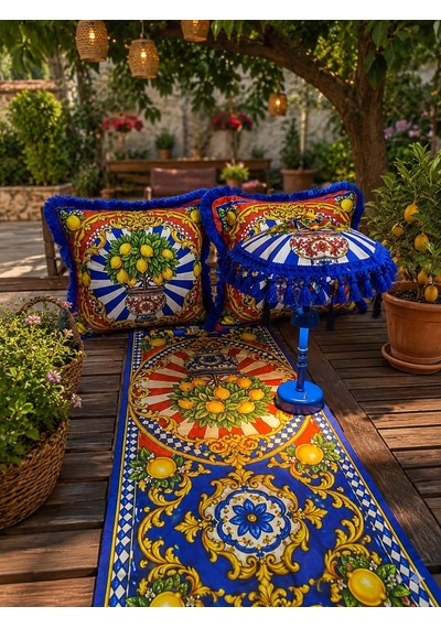 Missidea Limona Blue Bohem Ledli Bali Şemsiyesi Seti Led'li Şemsiye + 2 Adet Kırlent + Runner Mavi
