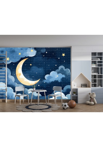 Suluboya Bulutlar Ay Ve Gece Çocuk Odası Poster Duvar Kağıdı