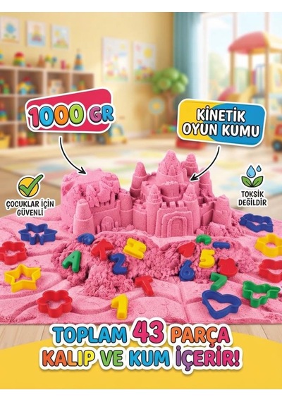 Sihirli Eğitici Oyun Kumu 1000 Gr 43 Parça Kinetik Kum Seti Alfabe Ve Sayı 3d Kalıplı Çocuk Oyuncağı Pembe