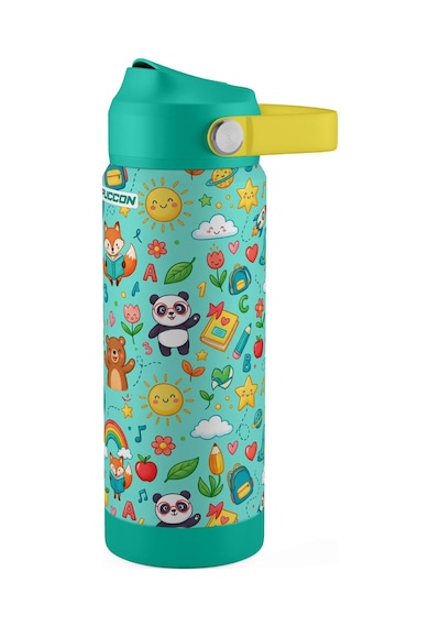Puccon 540 Ml Sevimli Karakter Baskılı Yeşil Erkek Çocuk Pipetli Çelik Termos Matara/suluk - 60058