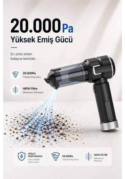 20000pa Led Işıklı Çift Bataryalı Güçlü Vakum Araç Süpürgesi Powerbankli Çantalı Üflemeli Süpürge