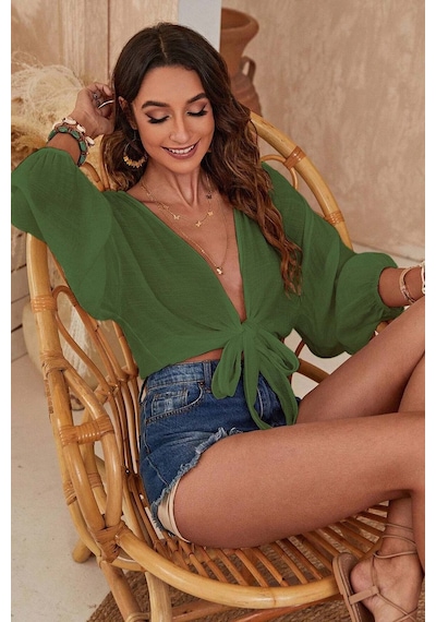 Merry See Angelsin Önden Bağlamalı Salaş Gömlek Pareo Crop Bluz Haki