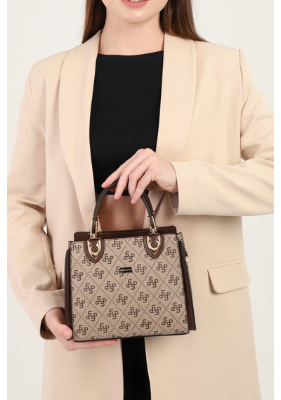 Silver Polo Sp1133 Kadın El Çantası Monogram Koyubej-kahve