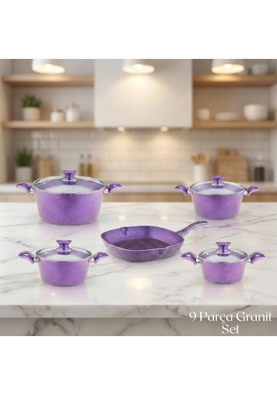 9 Parça Granit Set Cam Kapak - Violet Çok Renkli