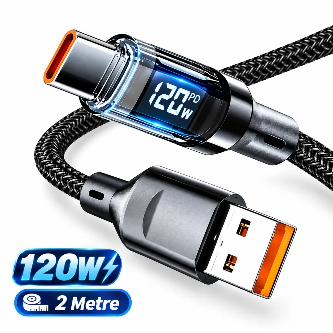 Samsung Uyumlu Usb Type C Hızlı Telefon Data Şarj Kablosu Led Ekranlı Dijital 120w Veri Kablosu 2 Metre