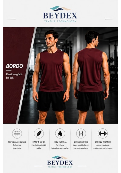 Beydex Erkek Nem Emici Hızlı Kuruma Atletik Teknik Sporcu Sıfır Kol T-shirt Gym Bordo