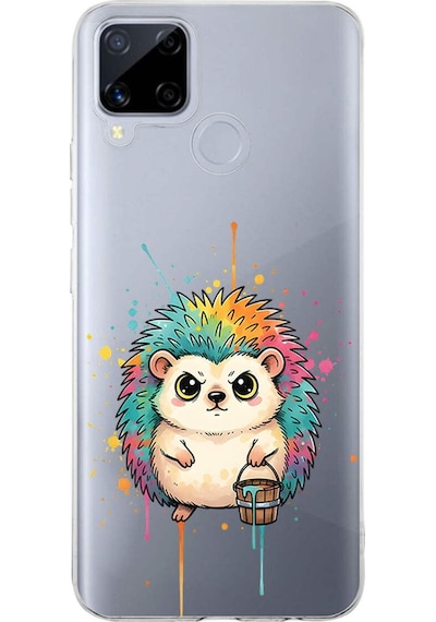 Realme C15 İle Uyumlu Splash Kirpi Tasarımlı Şeffaf Silikon Kılıf Şeffaf