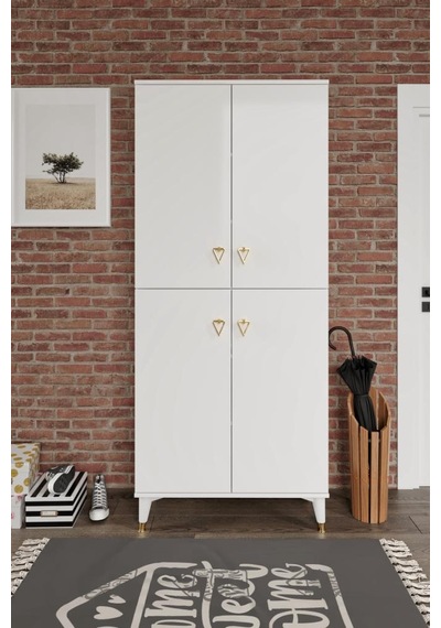 Simple Sp4190 Ayakkabılık 4 Kapaklı Mutfak Dolabı Balkon Dolabı Kiler Banyo Dolabı Çok Amaçlı Dolap Beyaz Gold Beyaz - Gold
