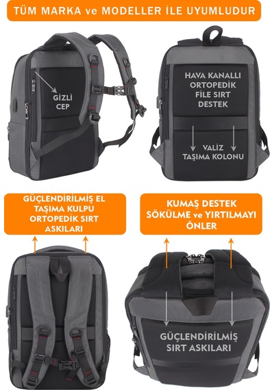 14"-15,6" İnç Körüklü Gri Laptop Sırt Çantası Unisex Su Geçirmez Kumaş Gri