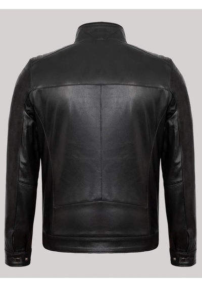 Deriwork Hakiki Kuzu Derisi Siyah Erkek Deri Mont Omuz Kol Işlemeli Slim Fit Deri Ceket Siyah