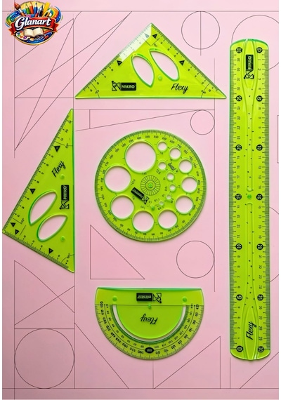 Cetvel, Gönye, Açı Ölçer Ve Daire Şablonu Seti 30 Cm Esnek Kırılmaz Cetvel Takımı 5 Li Set Yeşil