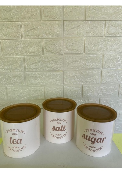 3'lü Vakumlu Kapaklı Porselen 1000 Ml Tea/salt/sugar Çay Tuz Şeker Kavanoz Seti