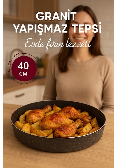 Granit Döküm Yuvarlak Fırın Tepsi Yanmaz Yapışmaz Yüksek Isıya Dayanıklı 40 Cm