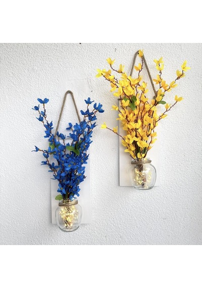Led Işıklı, Sarı Ve Mavi Sakura Çiçekli Duvar Dekoru Beyaz İkili Set Beyaz