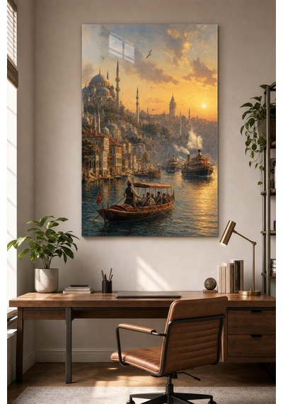 İstanbul Boğazı Desenli Baskılı Cam Tablo Osmanlı Şehir Manzarası Uv Baskı