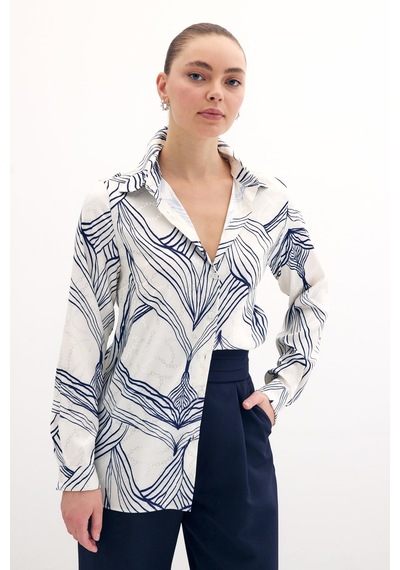 Sateen Desenli Saten Gömlek - Sax Mavi-135862 Sax Mavi Saks Mavisi
