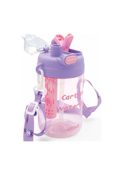 Kuromi Hello Kitty Çizgifilm Karakterli Çocuk Suluğu - Askılı Çift Kapaklı Pipetli Matara 750ml Mor