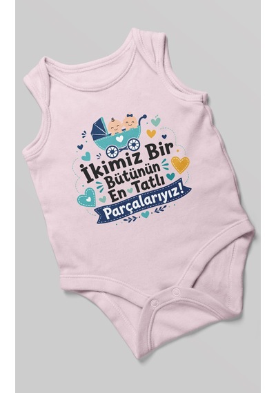 Morivokids İkimiz Bir Bütünün Yazılı Sıfır Kollu Bebek Zıbını %100 Pamuk Bebe Pembe