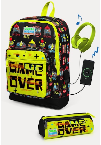 Coral High Kids Siyah Neon Sarı Game Over Desenli Usb'li 2'li Okul Çanta Seti Set0223828