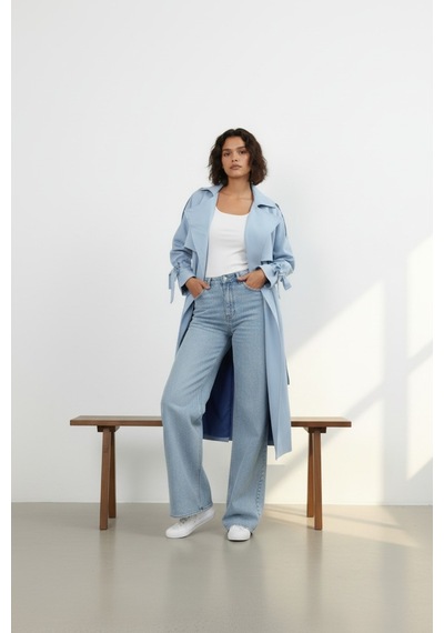 Durivya Cep Detaylı Oversize Trençkot Bebe Mavisi