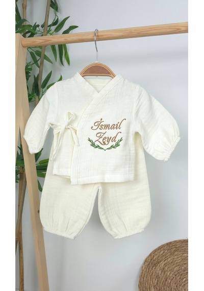 Gros Shop Müslin Yeni Doğan 4katlı Organik %100pamuk Kişiye Özgü Nakışlı Hastane Çıkış Seti Aslan Model-2 Ekru-1