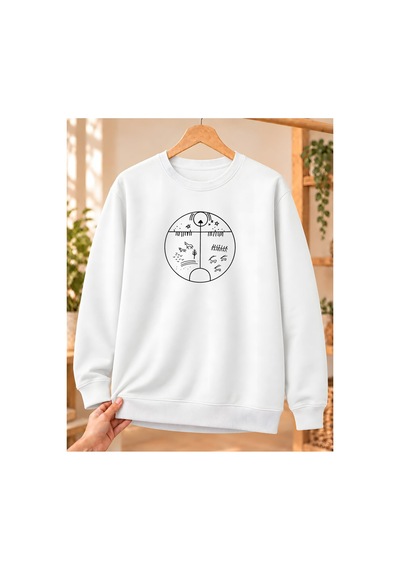 Mor Mürekkep Kam Davulu Baskılı Bisiklet Yaka Sweatshirt - Beyaz